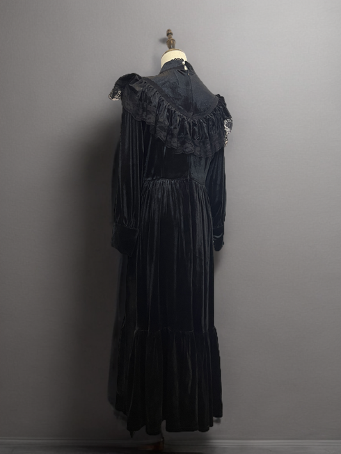 Gothic Black Velvet Dress Long Sleeve s with Floral Accents - Victorian Style Dress with Lace Accents Plus Size